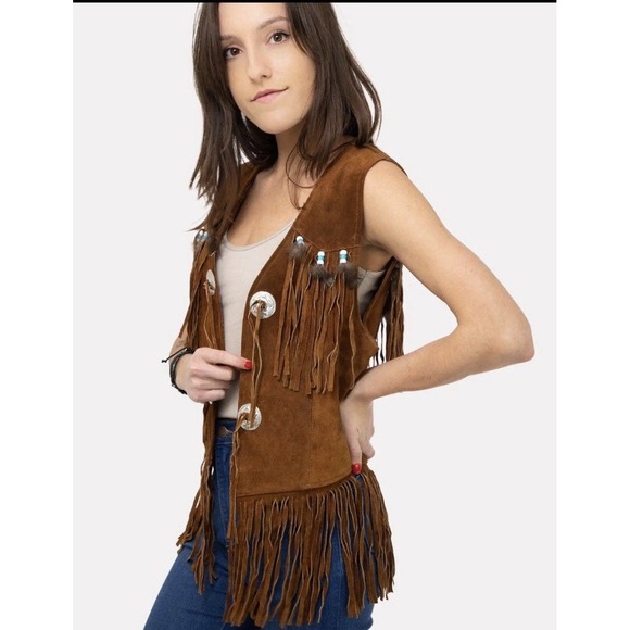Vintage Fringe Leather Vest Unisex Suede Western Boho Hippie Tribal Festival L - Picture 2 of 10